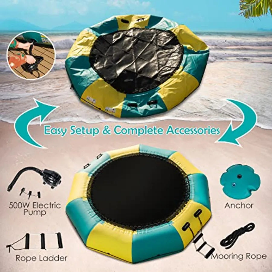 Inflatable Water Trampoline for Lake with Electric Pump and Rope Ladder Heavy Duty Blue Trampoline for Adults Floating Water Bo