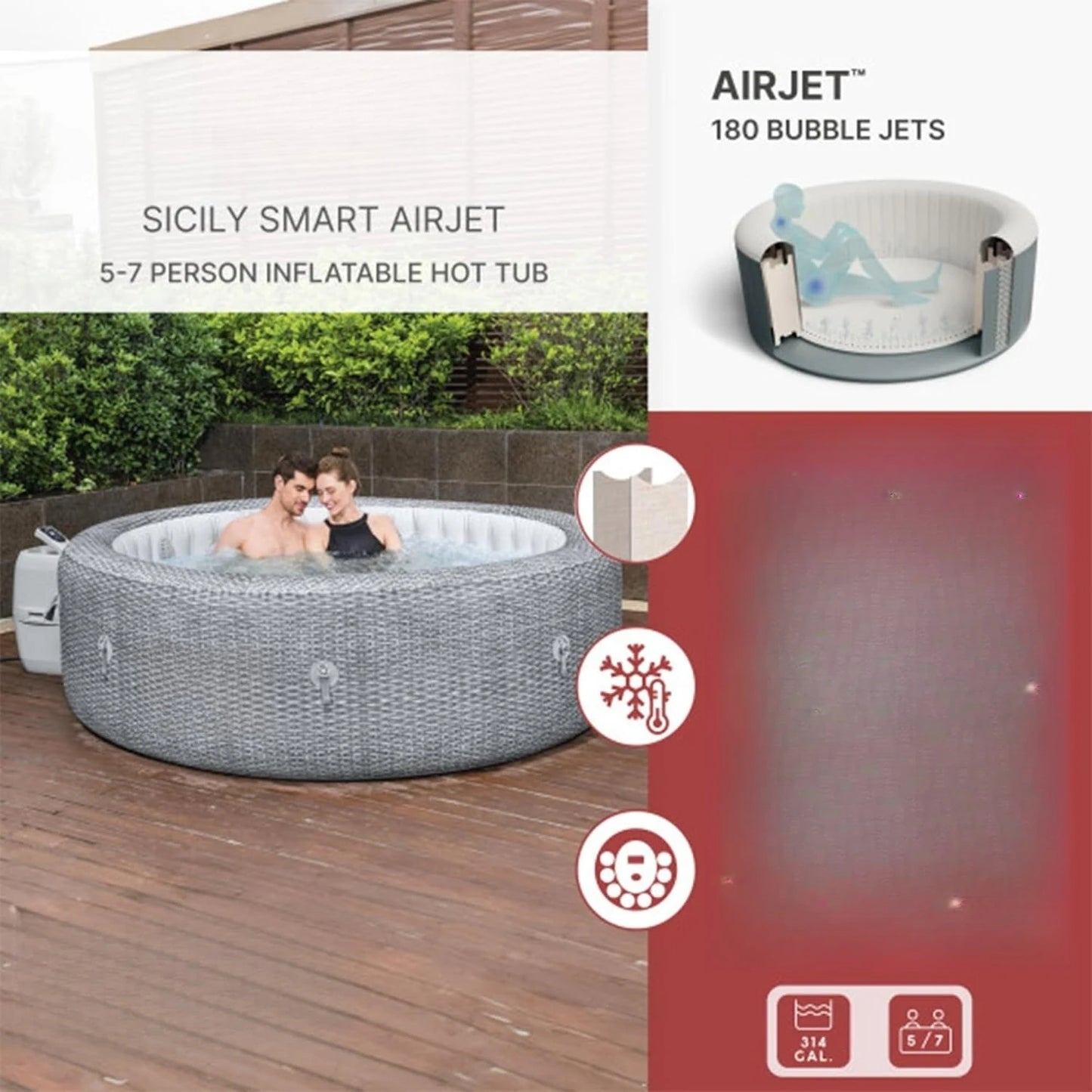 SaluSpa Sicily 7 Person Inflatable Hot Tub with 180 AirJets and Cover Gray