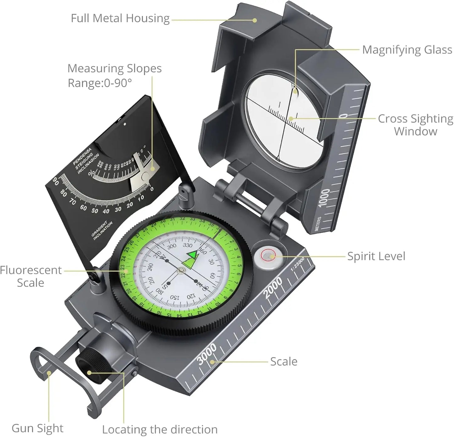 Anbte Waterproof Metal Compass With Clinometer For Hiking