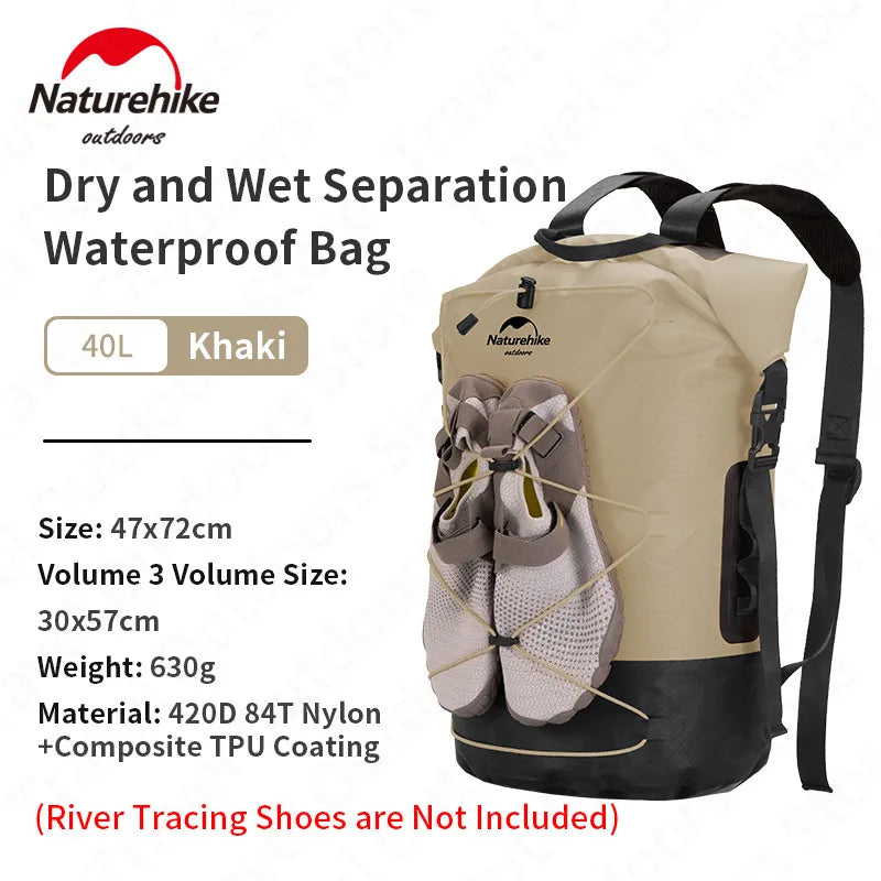 Naturehike Waterproof Backpack TPU Dry Wet Separation 20L/30L/40L High Capacity Wear Resistant Outdoor Water Sport Travel Bag