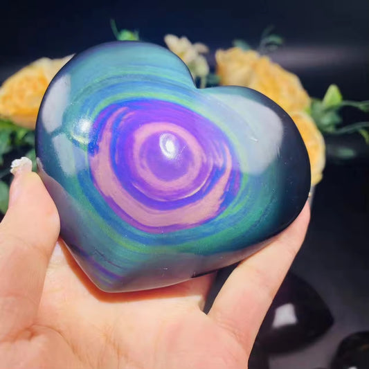 Rainbow Black Obsidian Heart And Palm Stone Color Shift